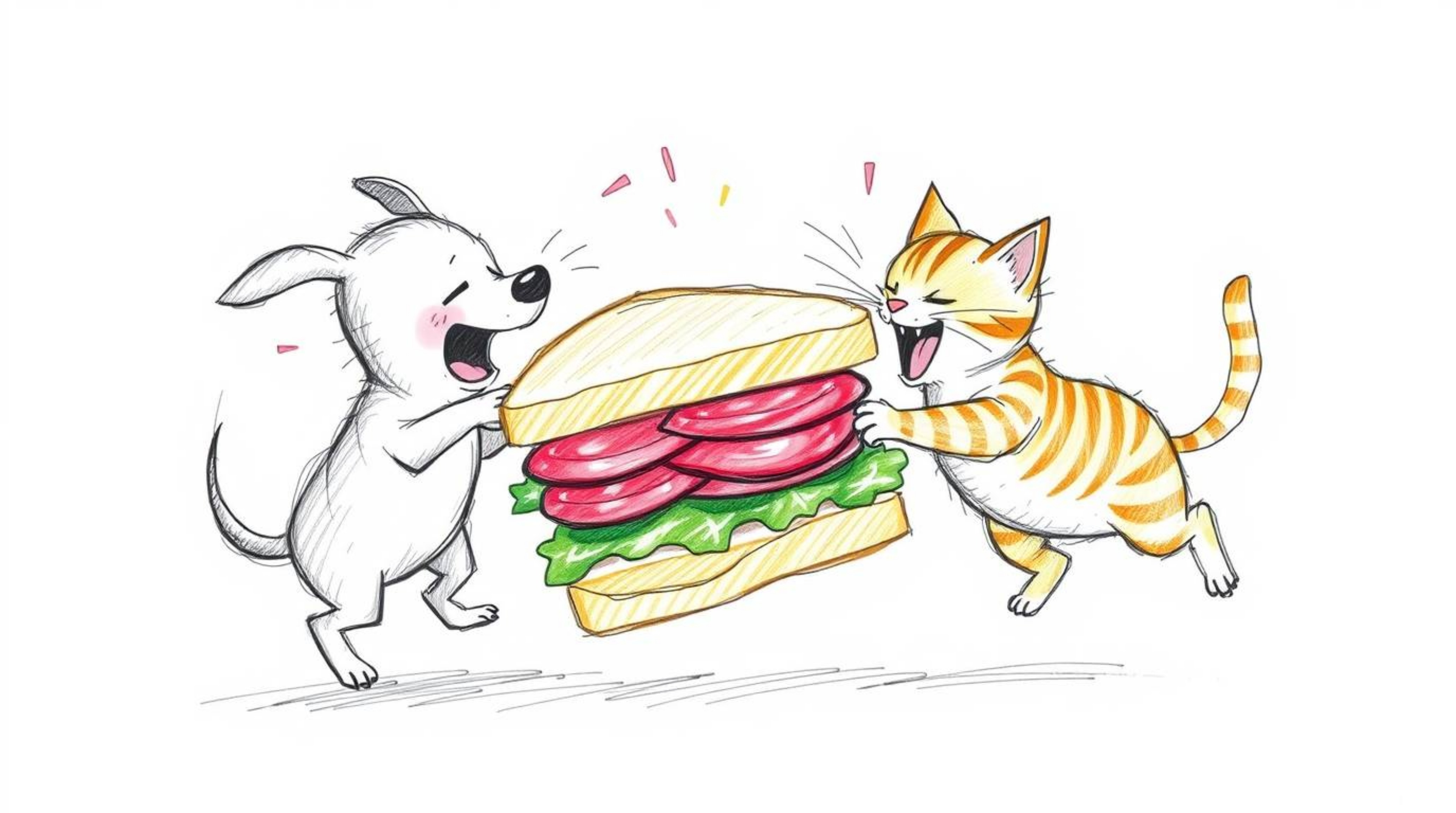 This artwork captures a playful and energetic scene of a hand-drawn dog and cat fiercely competing for a massive sandwich.  R