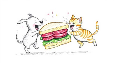 This artwork captures a playful and energetic scene of a hand-drawn dog and cat fiercely competing for a massive sandwich.  R