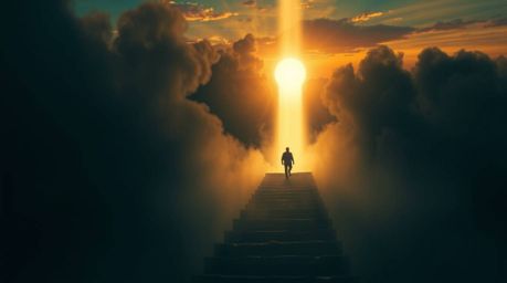 A lone figure ascends a stone staircase towards a divine beam of light, set against a backdrop of thick smoke and a vibrant s