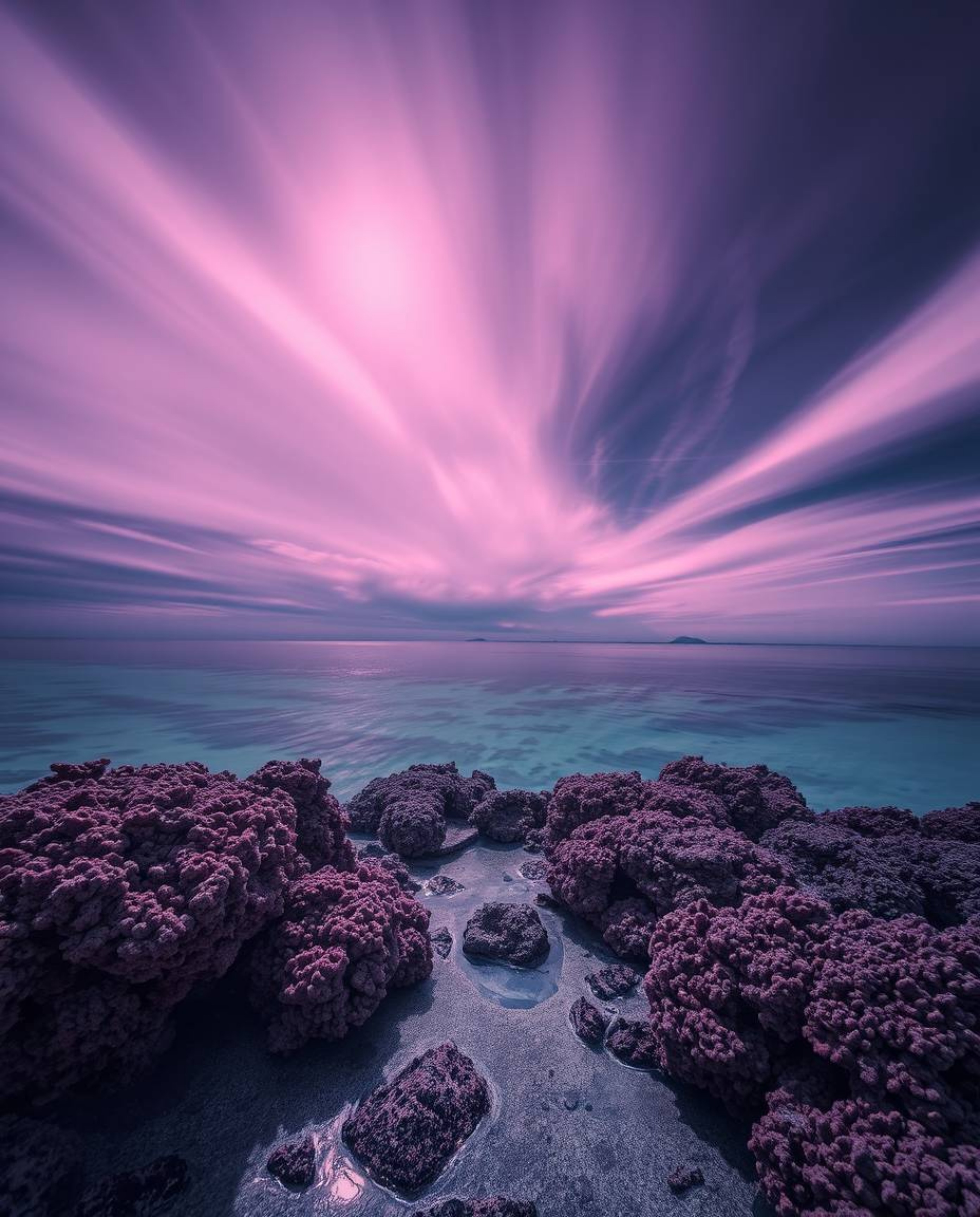 A long exposure infrared photograph captures a coral reef at low tide, featuring dramatic chiaroscuro lighting. The image is 