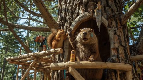 A highly detailed, high-resolution stock photo shows a busy beaver constructing the ultimate treehouse sanctuary for orphaned