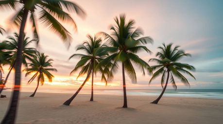 Experience the tranquility of a tropical beach sunset captured in a stunning long-exposure photograph.  Soft pastel colors pa