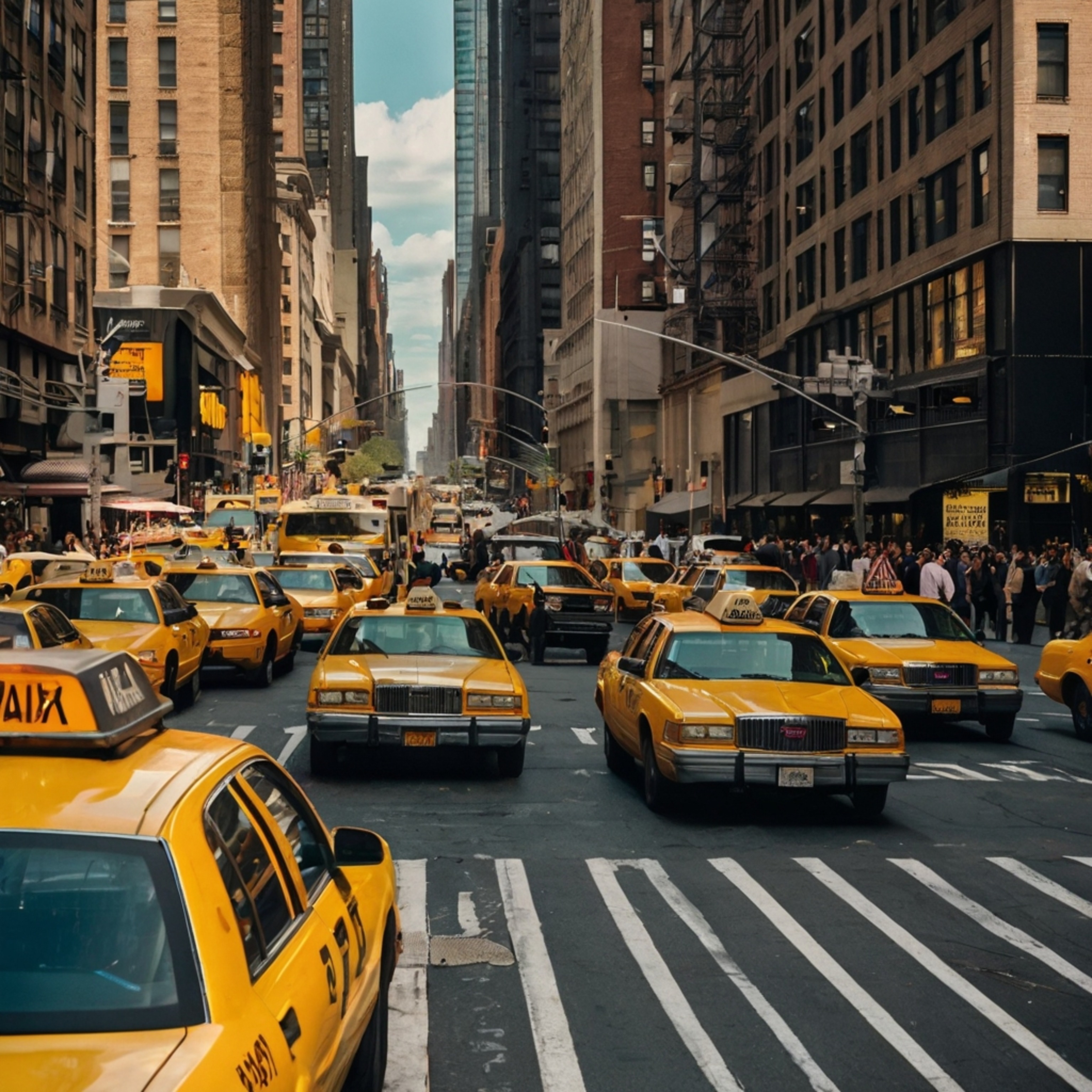 Experience the vibrant energy of a bustling New York City street. Picture iconic yellow taxis navigating through the traffic,