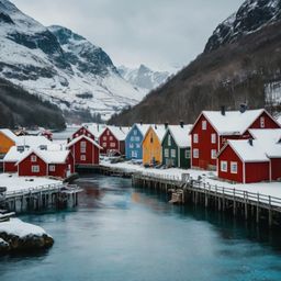 Discover the charm of a quaint Scandinavian village, where colorful wooden houses stand adorned with snow-covered roofs. A br