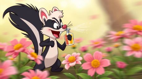 A dynamic cartoon skunk is depicted spraying perfume on flowers, captured in a state of vibrant motion. The scene utilizes bl