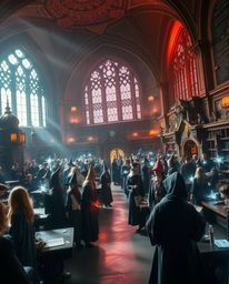 Explore a grand and epic scene showcasing a magical school teeming with young wizards in a modern future. This stunning visua