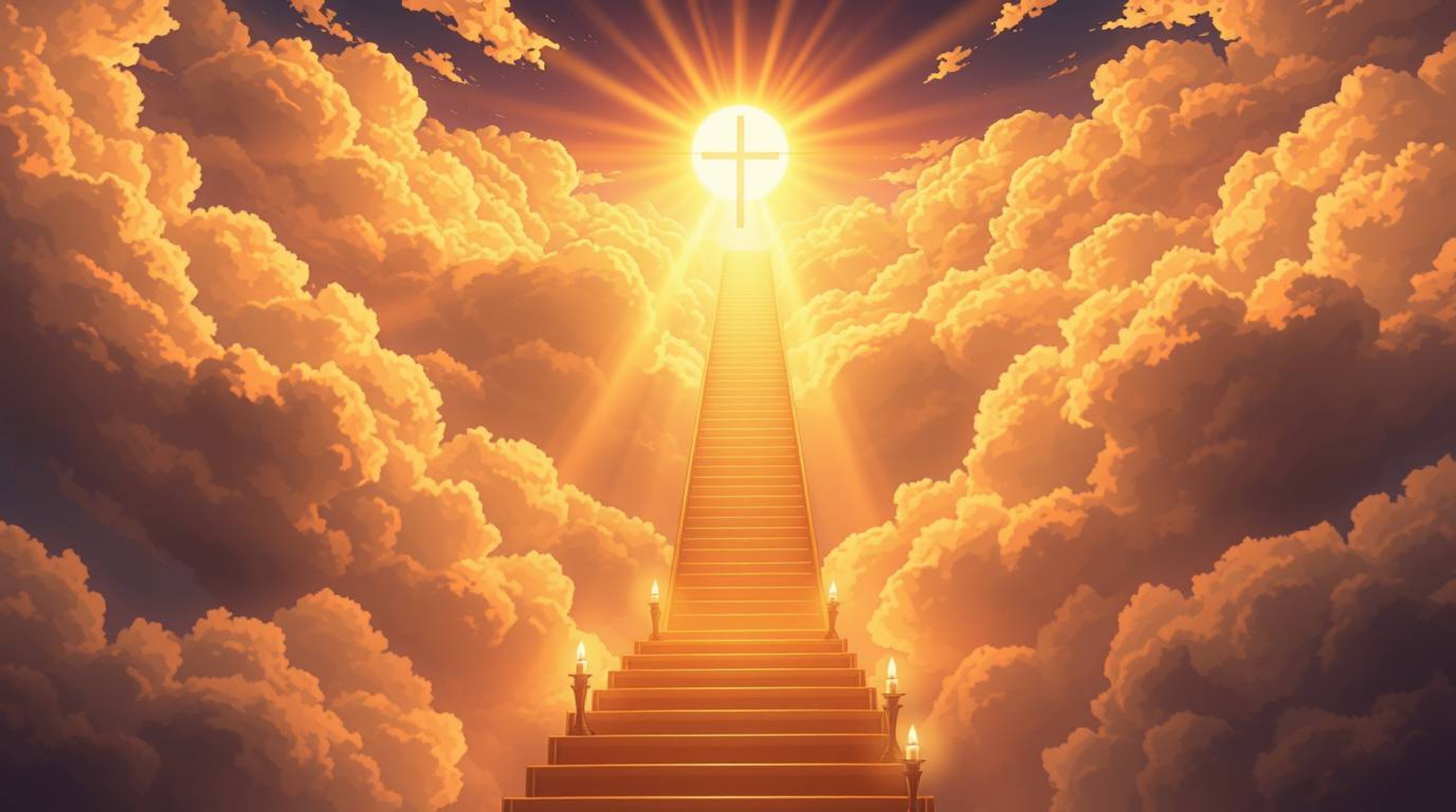 An ethereal isekai-style anime illustration depicts a golden staircase ascending through fluffy clouds towards a radiant heav