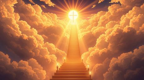 An ethereal isekai-style anime illustration depicts a golden staircase ascending through fluffy clouds towards a radiant heav