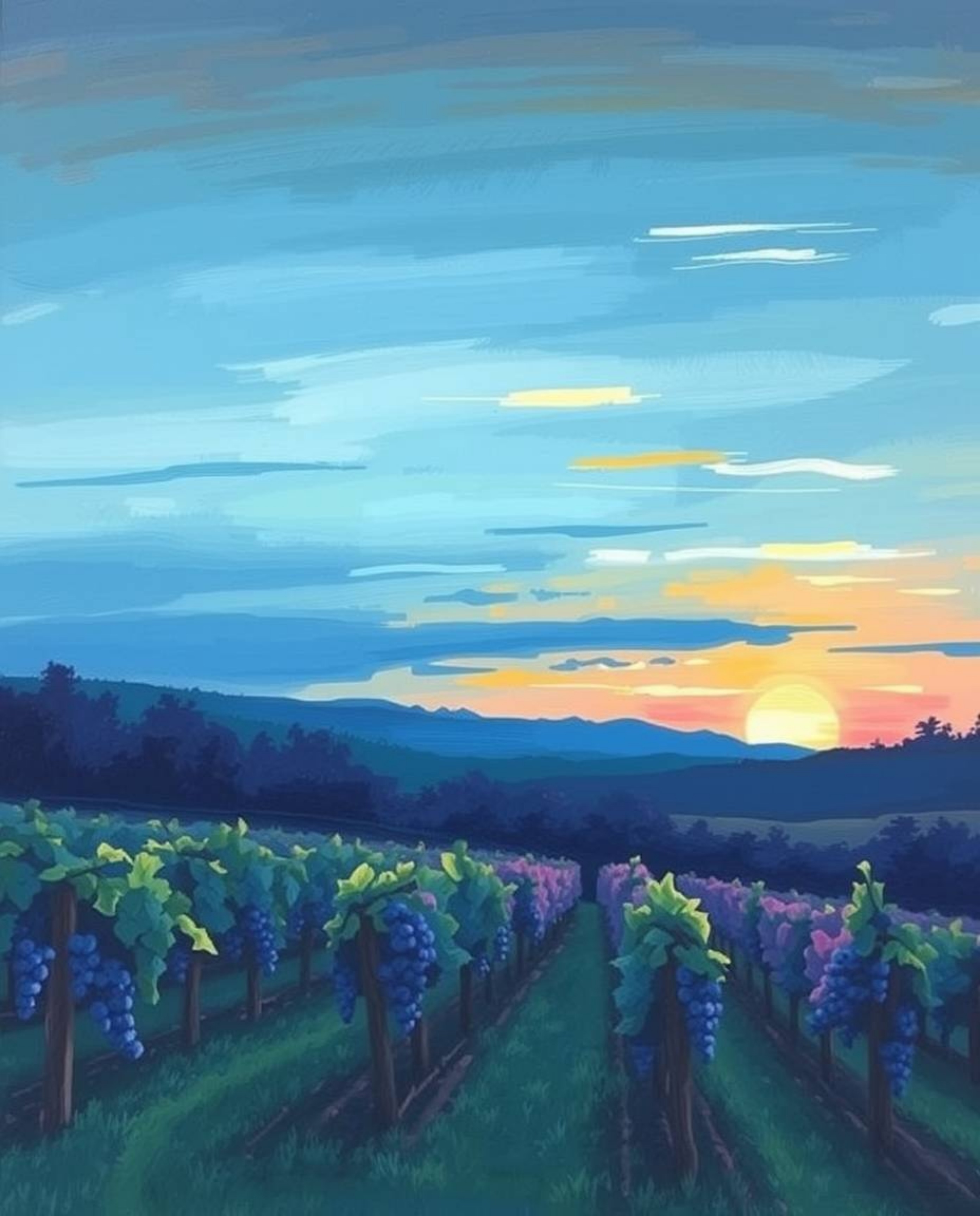 This painting captures a cool-toned sunset over a vineyard, rendered in a classic impressionistic style. The artist uses a pa