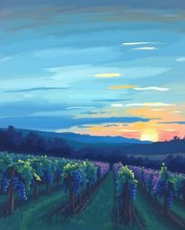 This painting captures a cool-toned sunset over a vineyard, rendered in a classic impressionistic style. The artist uses a pa