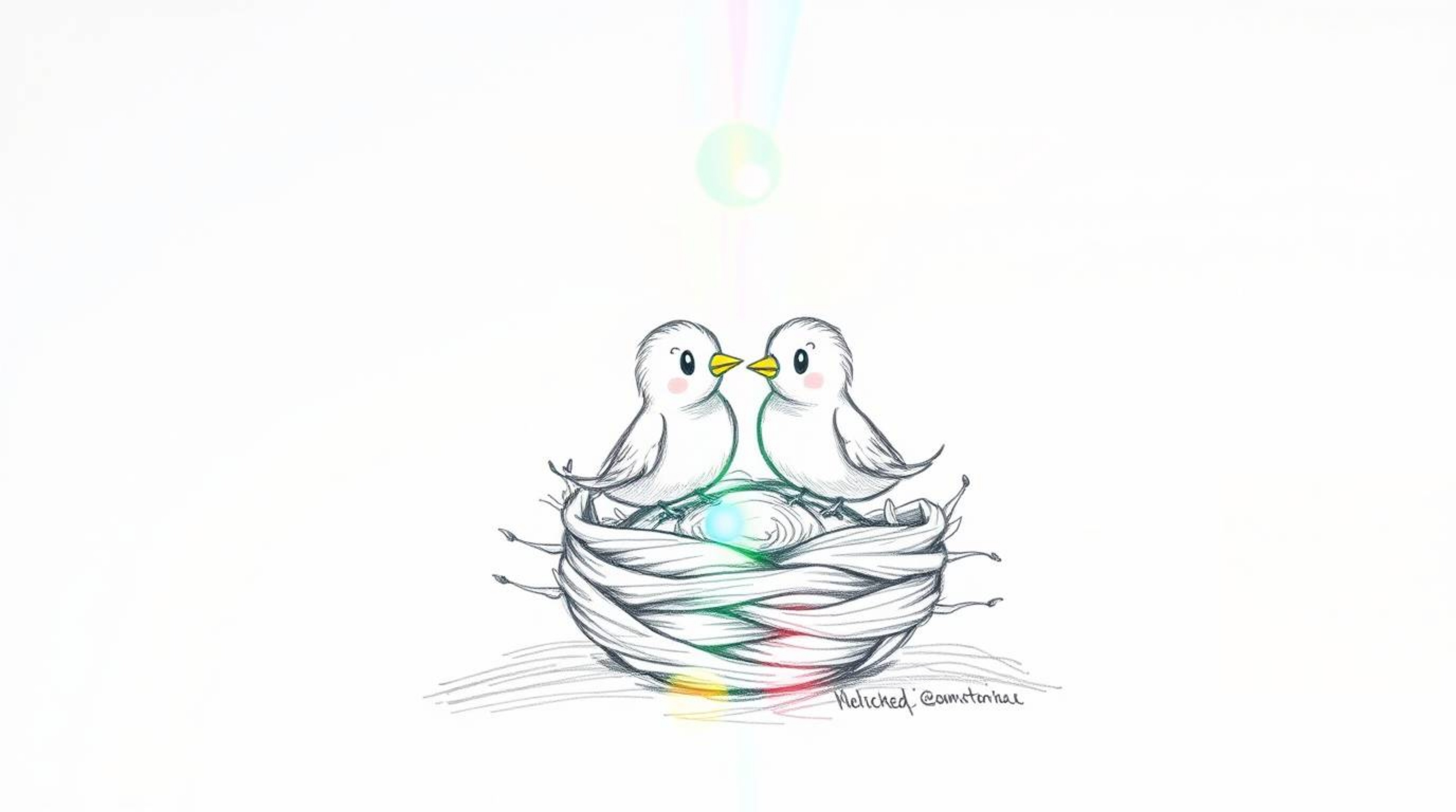 This hand-drawn sketch depicts two charming cartoon birds diligently building a nest, rendered in a classic animation style.