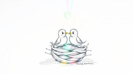 This hand-drawn sketch depicts two charming cartoon birds diligently building a nest, rendered in a classic animation style. 