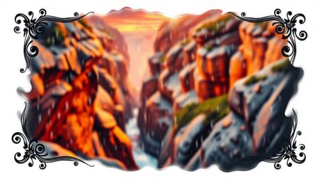 This stunning tattoo art print showcases a symbolic depiction of a rocky canyon bathed in the warm hues of a sunset.  The sce