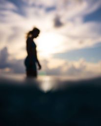 A striking photograph features a sharply focused, silhouetted subject set against a blurred bokeh background. The scene is dr