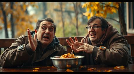Immerse yourself in a warm autumnal scene where a gross-out comedy moment unfolds with exaggerated expressions under a gentle