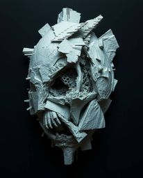 Discover an eerie and creepy papier-mâché sculpture featuring abstract shapes, glitch effects, fragmentation, and scanlines. 