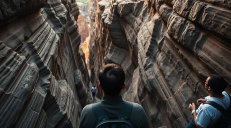 This captivating collection showcases a rocky canyon viewed from a high angle, captured in a candid street photography style.