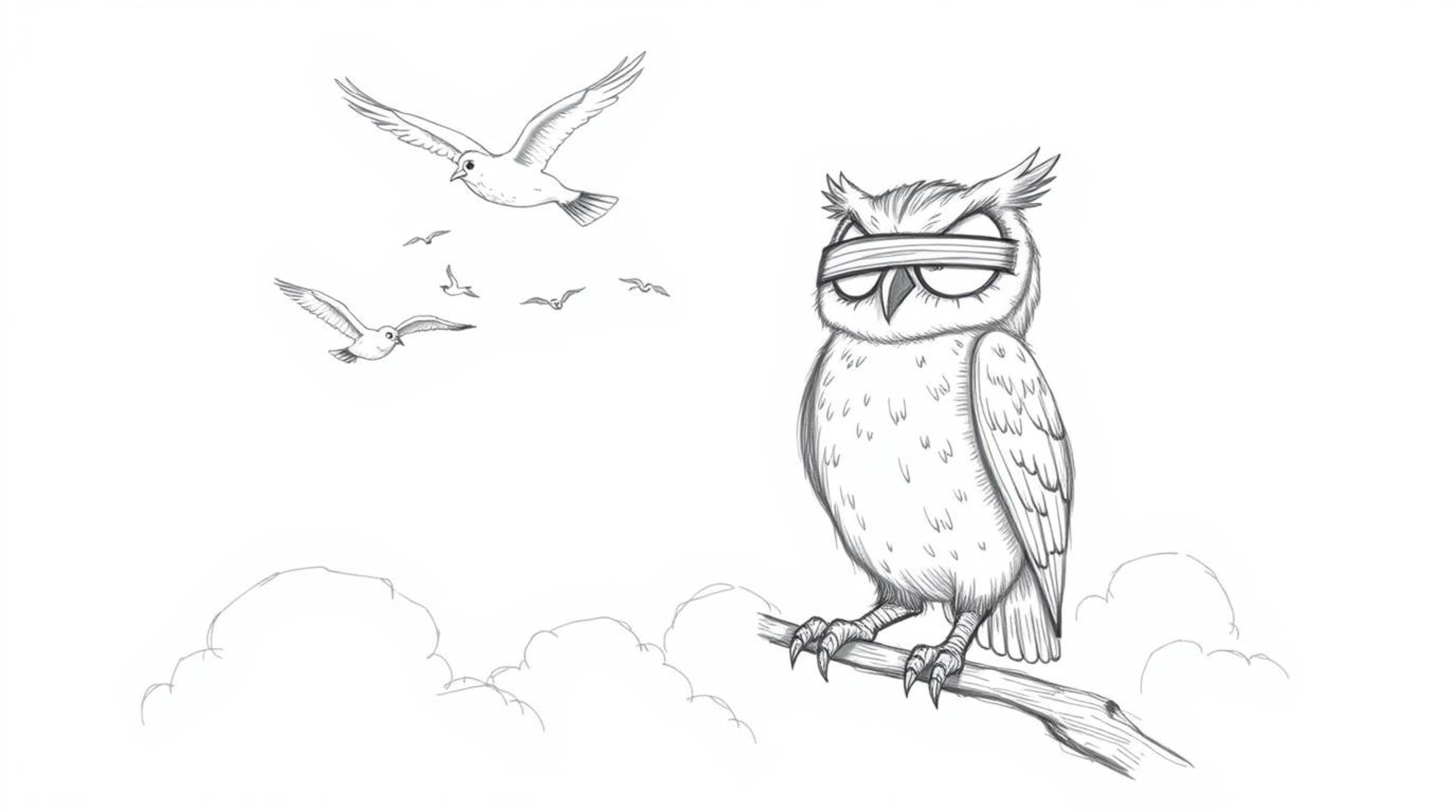 A heartwarming, hand-drawn pencil sketch in the style of Pixar depicts a proud, blind owl imparting its wisdom, teaching a di