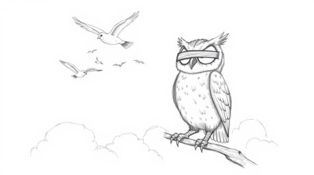 A heartwarming, hand-drawn pencil sketch in the style of Pixar depicts a proud, blind owl imparting its wisdom, teaching a di