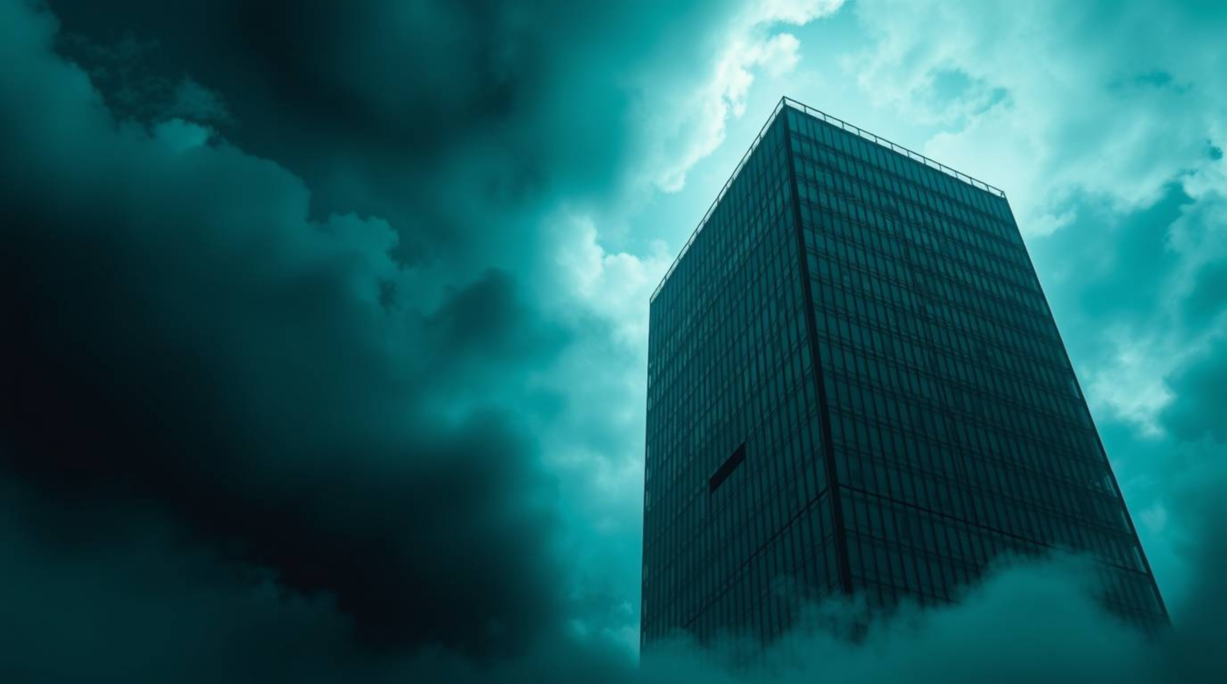 An image showcasing a modern glass building dissolving into a sky filled with soft clouds, creating an eerie and unsettling a