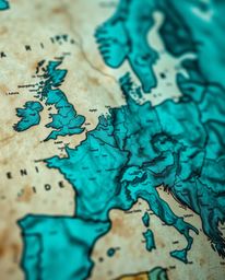 An extreme macro close-up reveals a rich, deep teal glowing map projected in the air within an old study. This image emphasiz