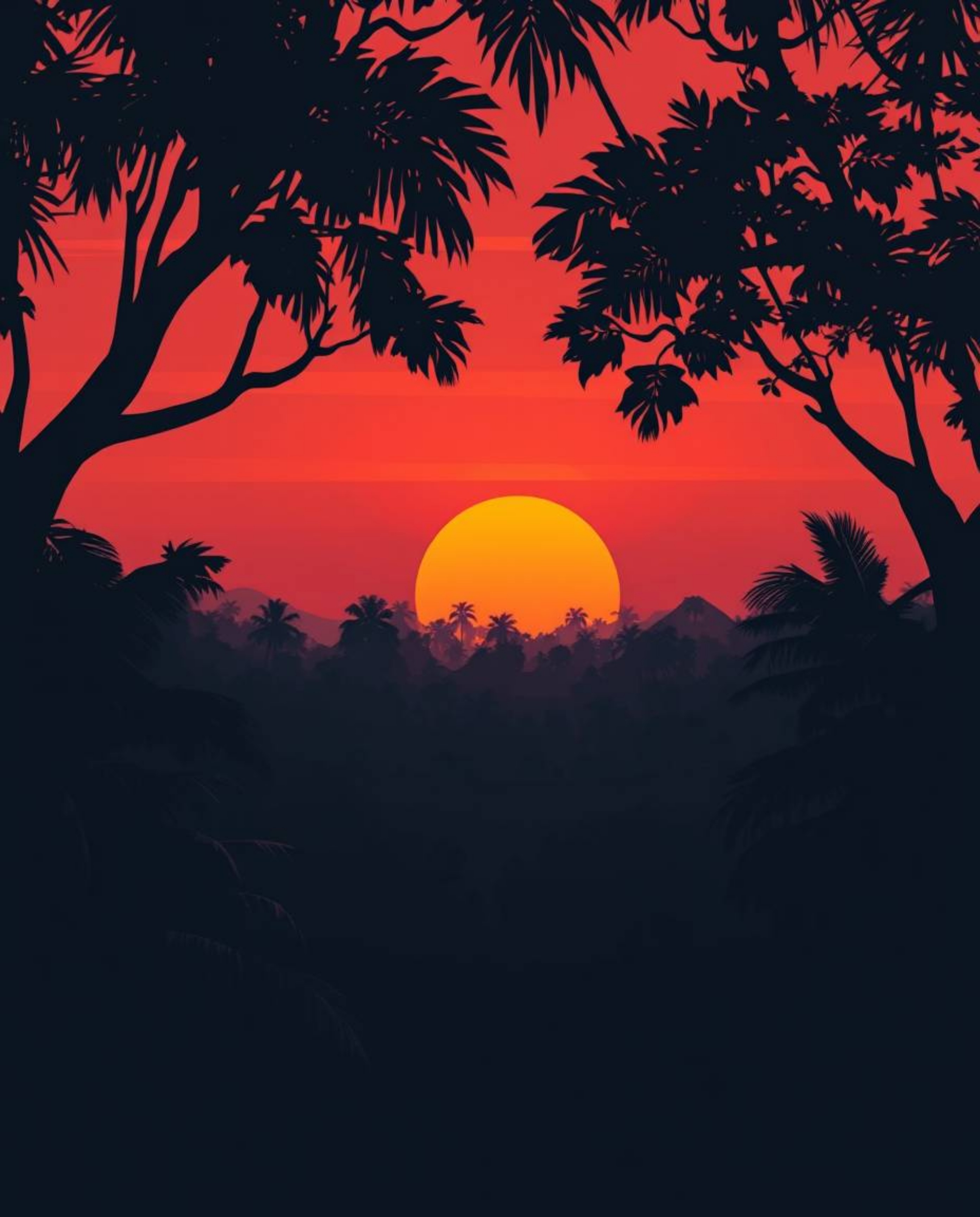 A modern flat design illustration presented in a dramatic cinematic style. The artwork depicts a sunset viewed through a dens