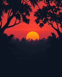 A modern flat design illustration presented in a dramatic cinematic style. The artwork depicts a sunset viewed through a dens