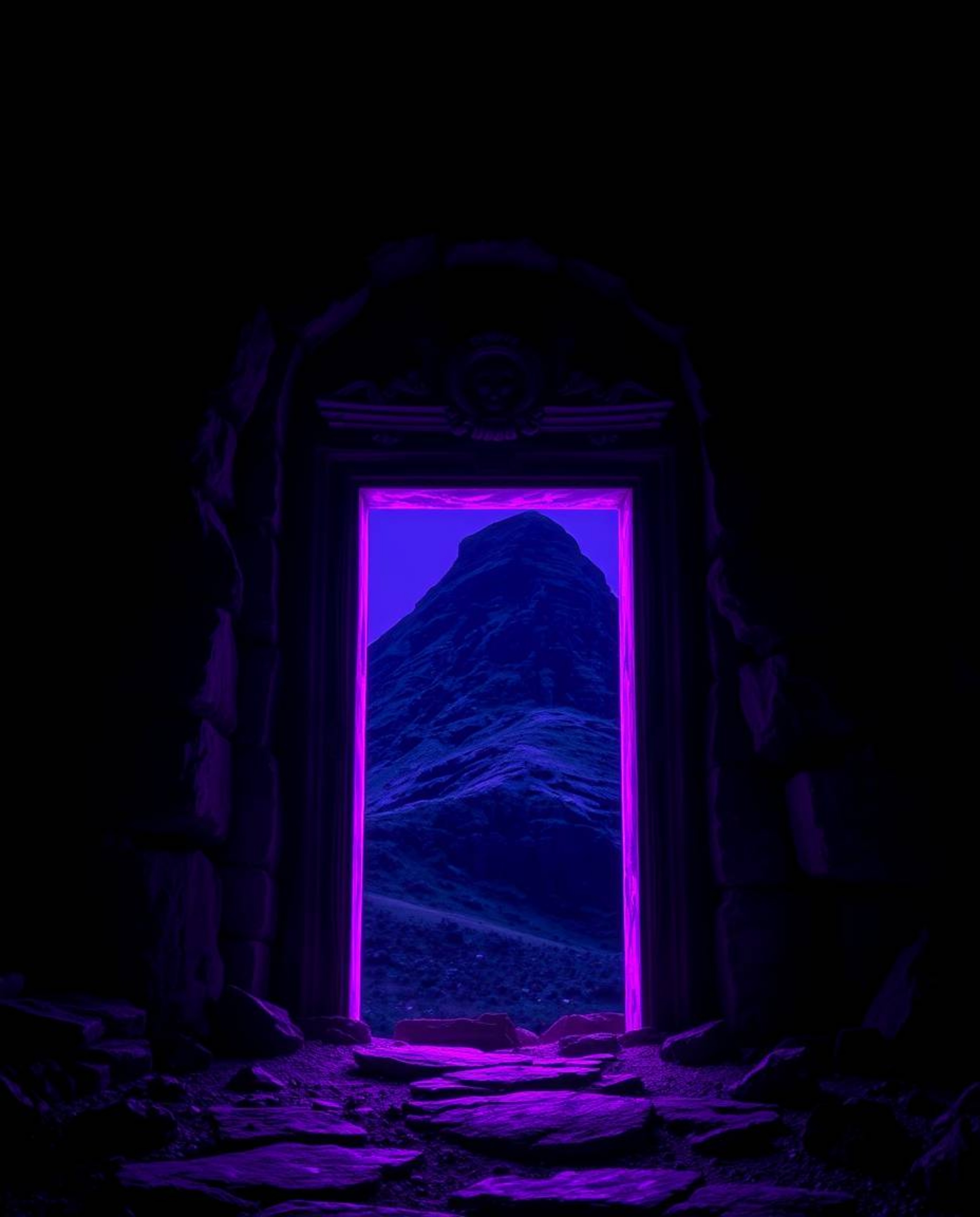 This artwork showcases an ancient doorway glowing with vibrant purple runes set against a stark mountain backdrop. The image 