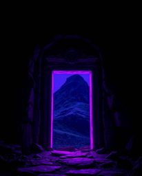 This artwork showcases an ancient doorway glowing with vibrant purple runes set against a stark mountain backdrop. The image 