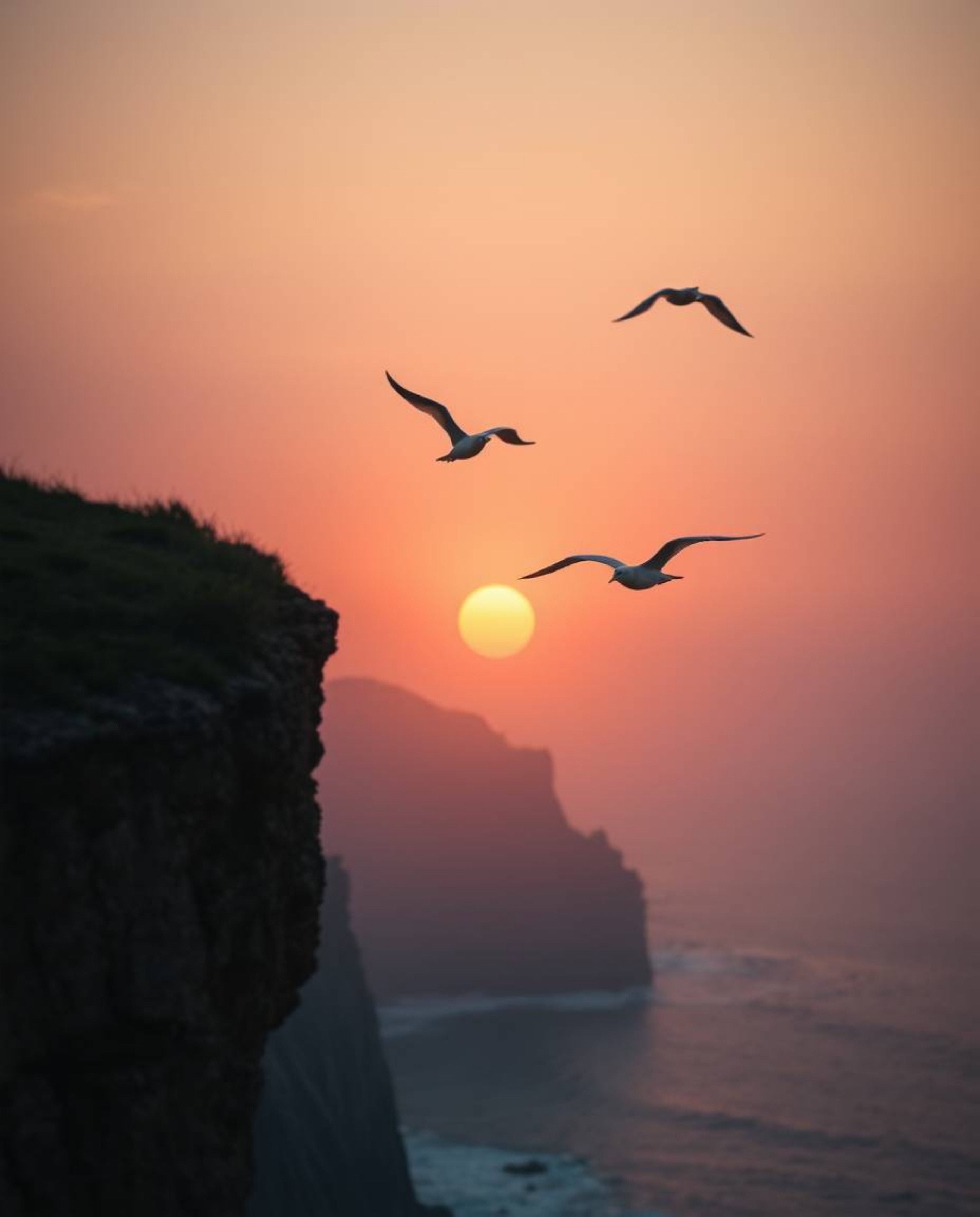 A cinematic image captures an adorable and cute sunset over a coastal cliff, featuring soaring birds. The scene is rendered w