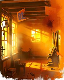 A room bursting with color as if paint exploded, bathed in a warm golden glow and illuminated by creative and dramatic lighti