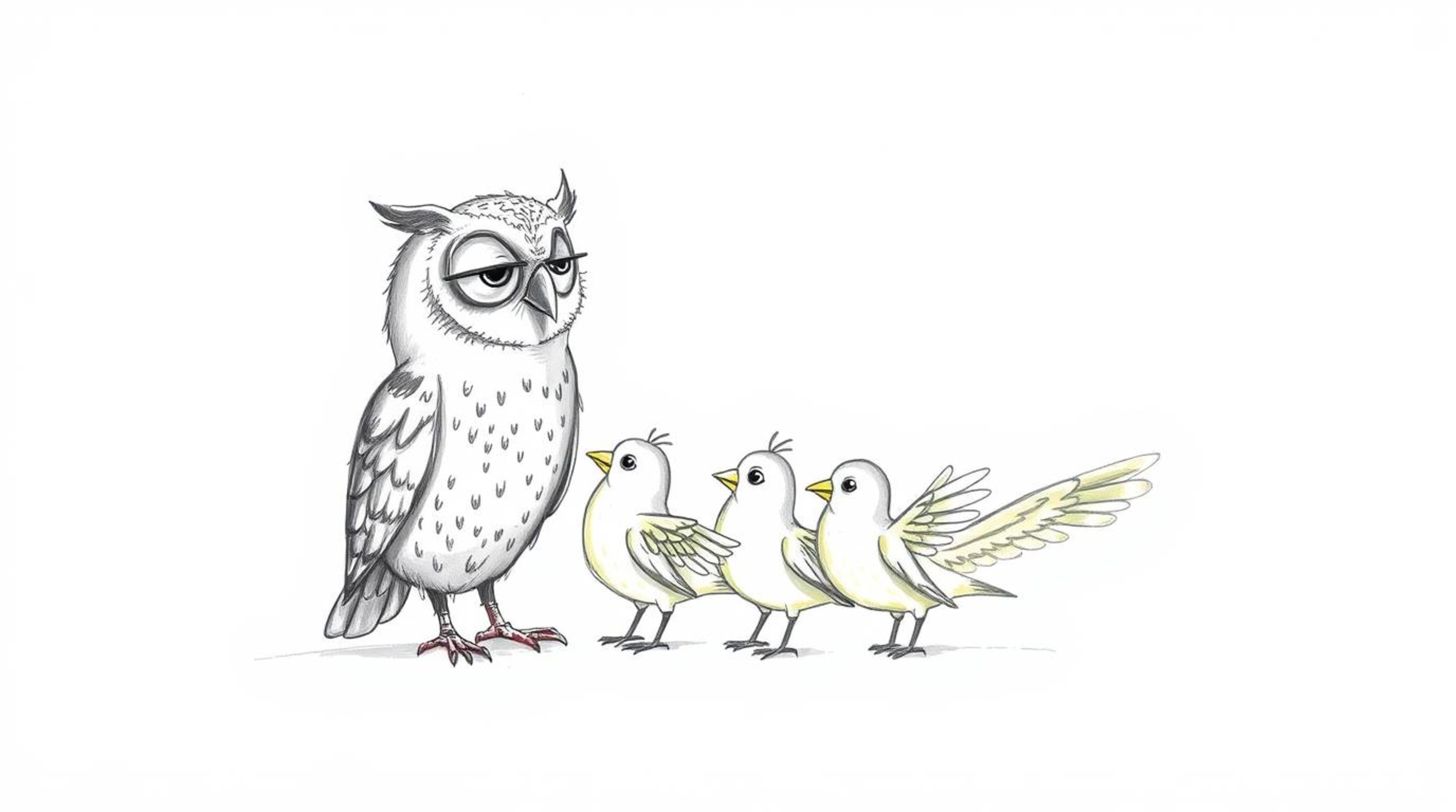 A heartwarming hand-drawn sketch reminiscent of Pixar, depicts a blind owl gently guiding a group of birds. These birds are a