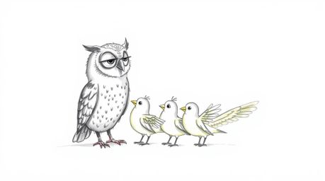A heartwarming hand-drawn sketch reminiscent of Pixar, depicts a blind owl gently guiding a group of birds. These birds are a