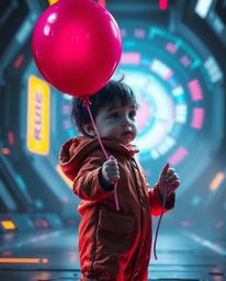 A captivating artwork depicting a child holding a balloon in a futuristic sci-fi setting, rendered with bright, vibrant color