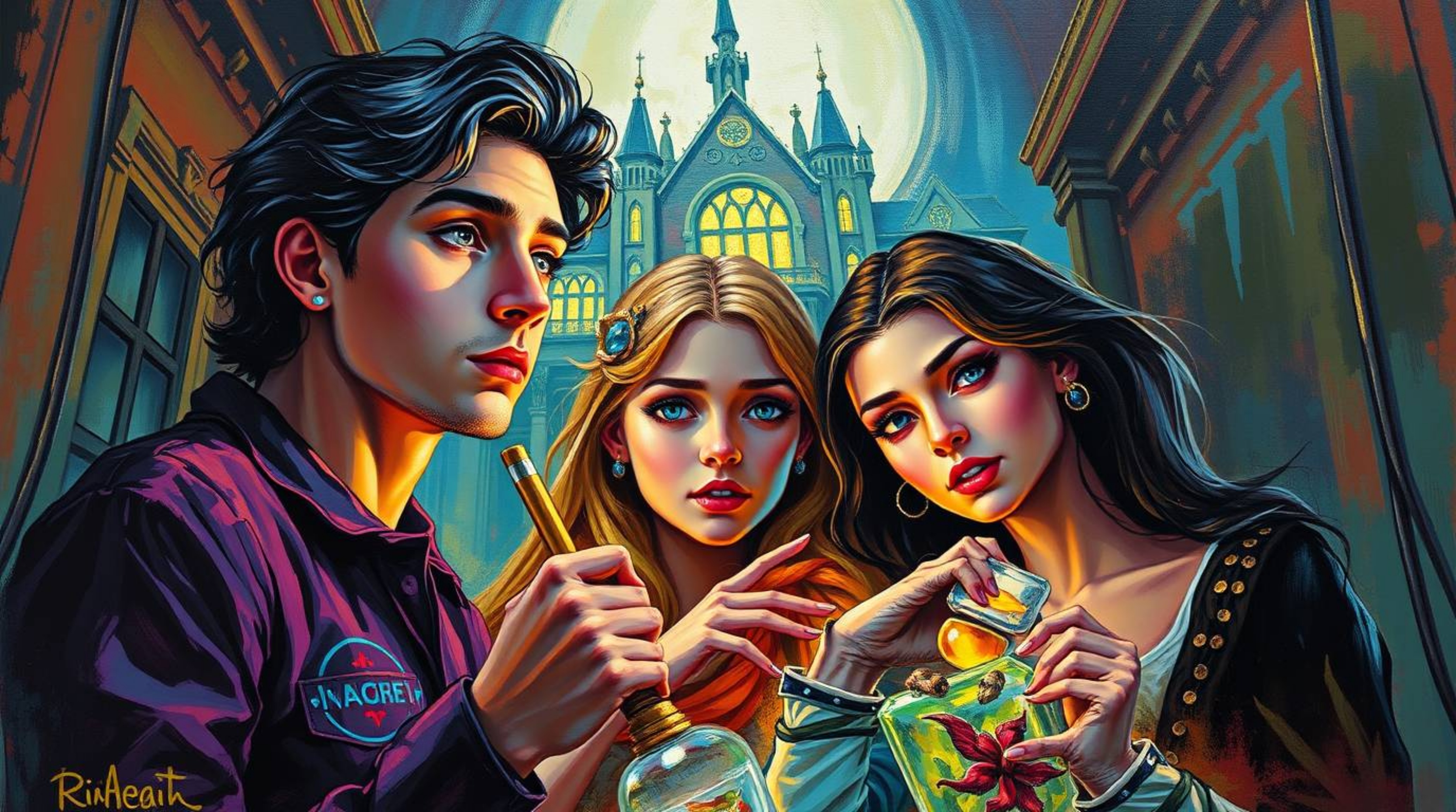 A captivating bold acrylic painting depicts a group of elegant teens unraveling mysteries within a haunted mansion.  The vibr