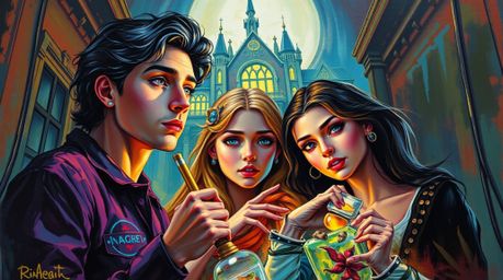 A captivating bold acrylic painting depicts a group of elegant teens unraveling mysteries within a haunted mansion.  The vibr