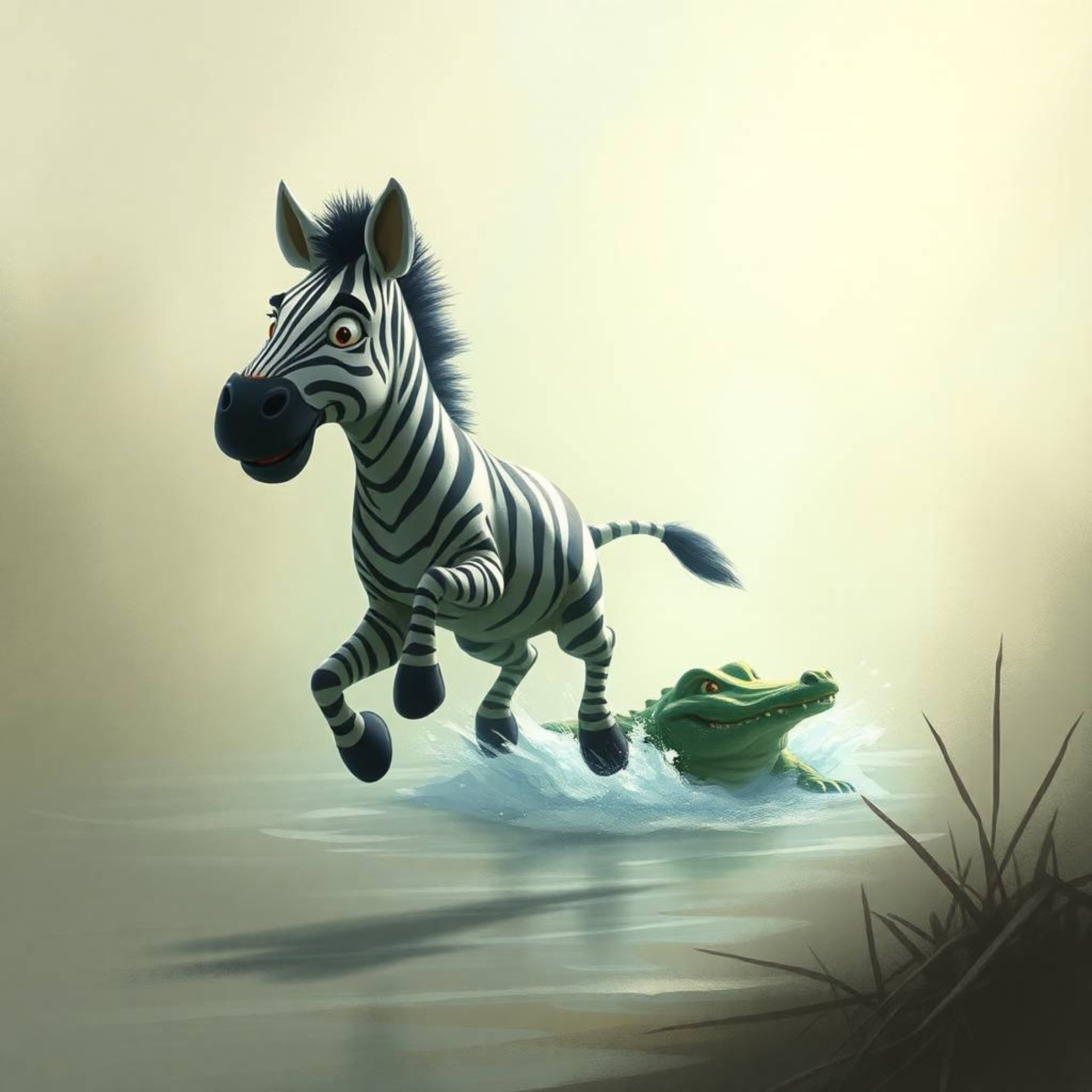 A scared cartoon zebra jumps in a dramatic scene featuring gentle soft light, epic colors, and a misty atmosphere.  Rendered 