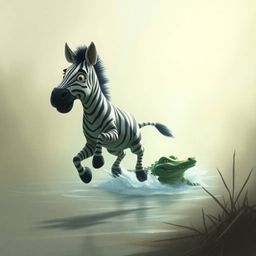 A scared cartoon zebra jumps in a dramatic scene featuring gentle soft light, epic colors, and a misty atmosphere.  Rendered 