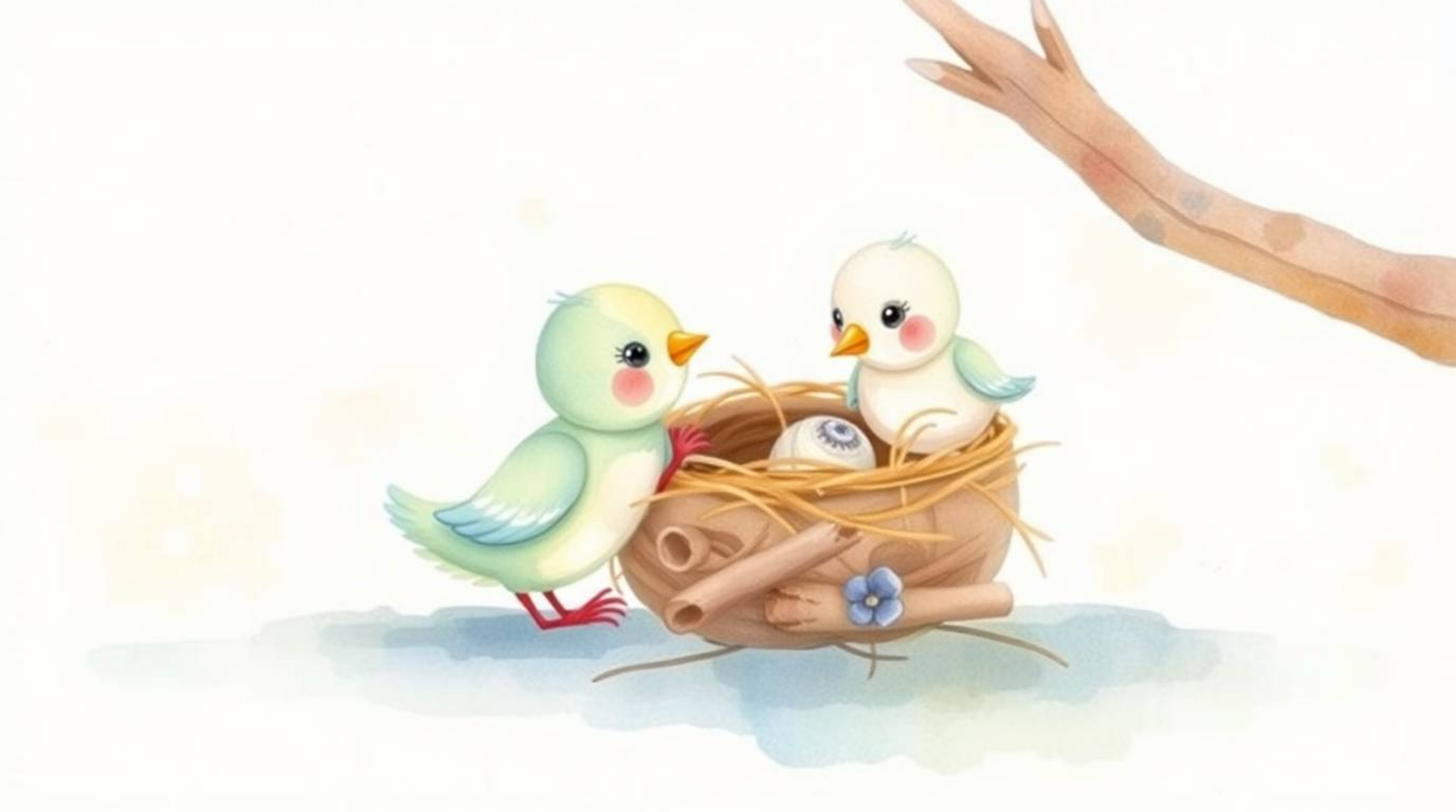 A charming watercolor painting depicts two adorable cartoon birds meticulously constructing their nest.  Rendered in a classi