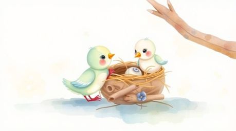 A charming watercolor painting depicts two adorable cartoon birds meticulously constructing their nest. Rendered in a classi