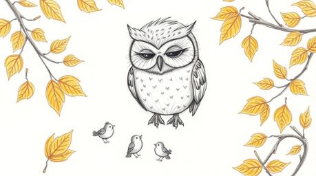 A captivating hand-drawn sketch depicts a blind owl with expressive, closed eyes leading a group of small birds in a gentle s