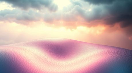 Experience a soft, dreamy atmosphere where hazy, soft light illuminates an iridescent gradient textured metallic surface.  Vi