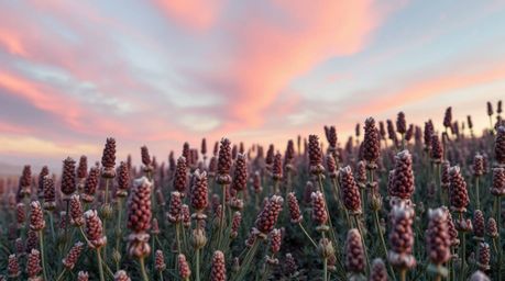 A cast bronze sculpture depicting lavender fields bathed in the glow of a dreamy pink sky. The artwork features a warm terrac