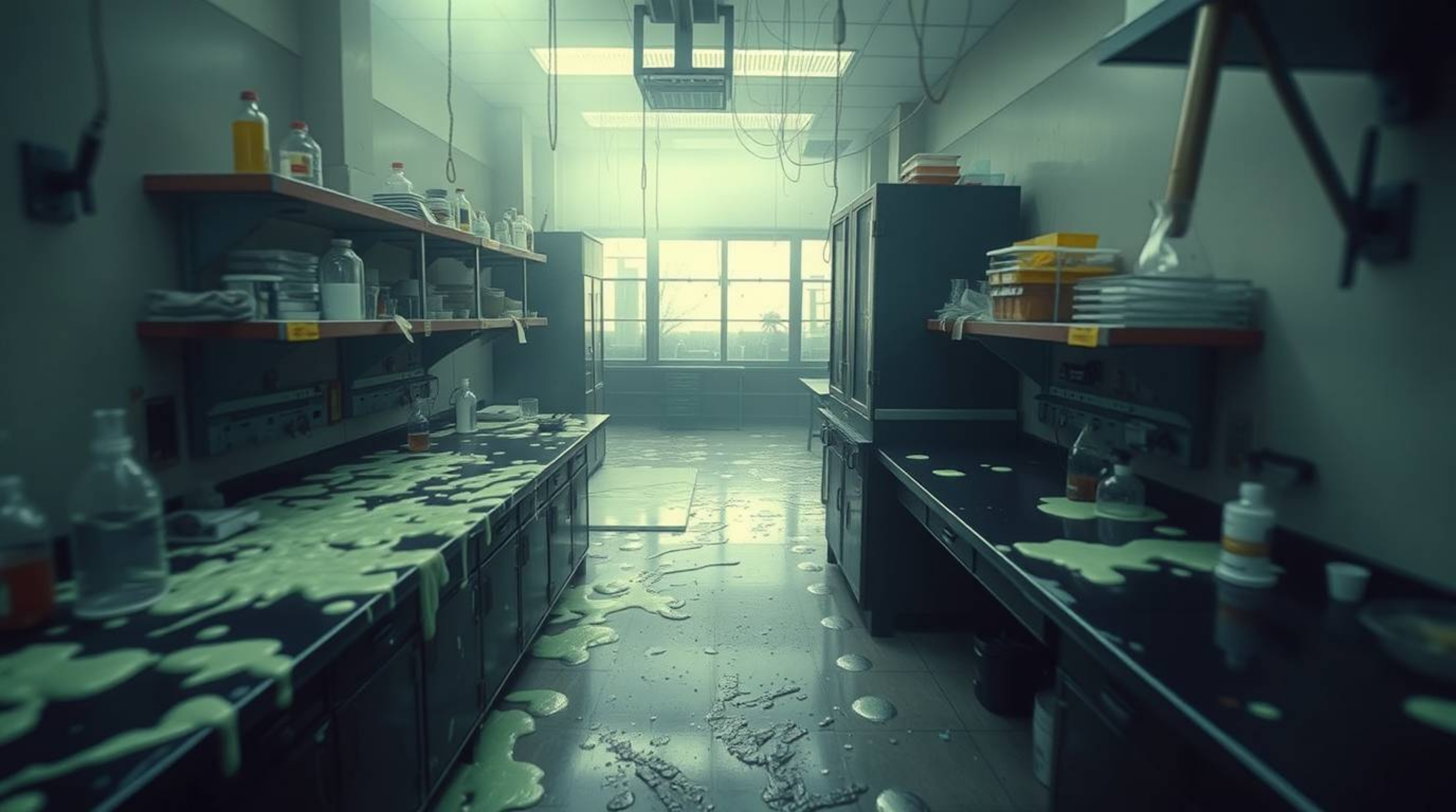 This collection of images showcases a slime-covered science lab from a high-angle perspective, bathed in a soft cinematic haz