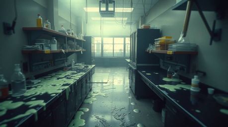 This collection of images showcases a slime-covered science lab from a high-angle perspective, bathed in a soft cinematic haz