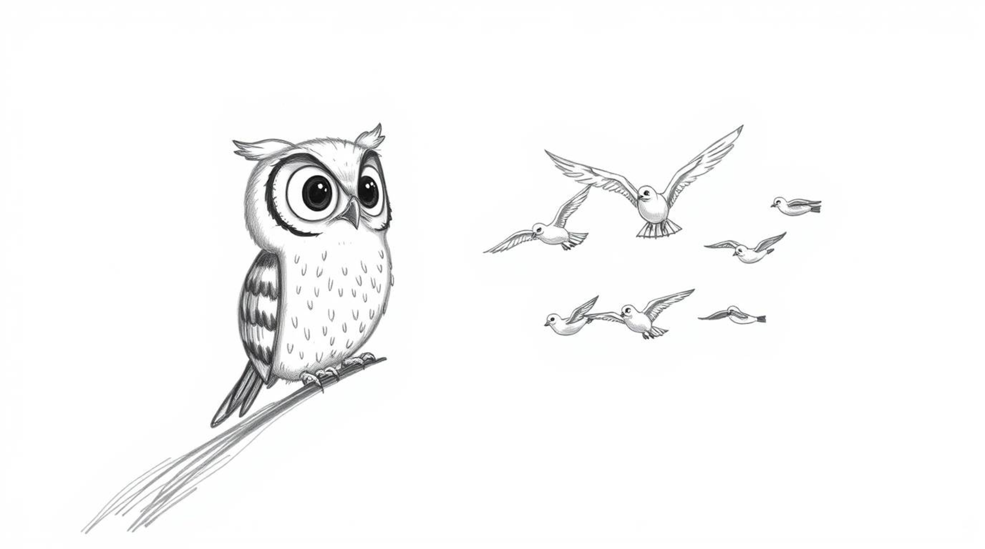 A heartwarming hand-drawn illustration depicts a blind owl, rendered with soft, detailed feathers and kind eyes, patiently te