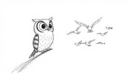 A heartwarming hand-drawn illustration depicts a blind owl, rendered with soft, detailed feathers and kind eyes, patiently te