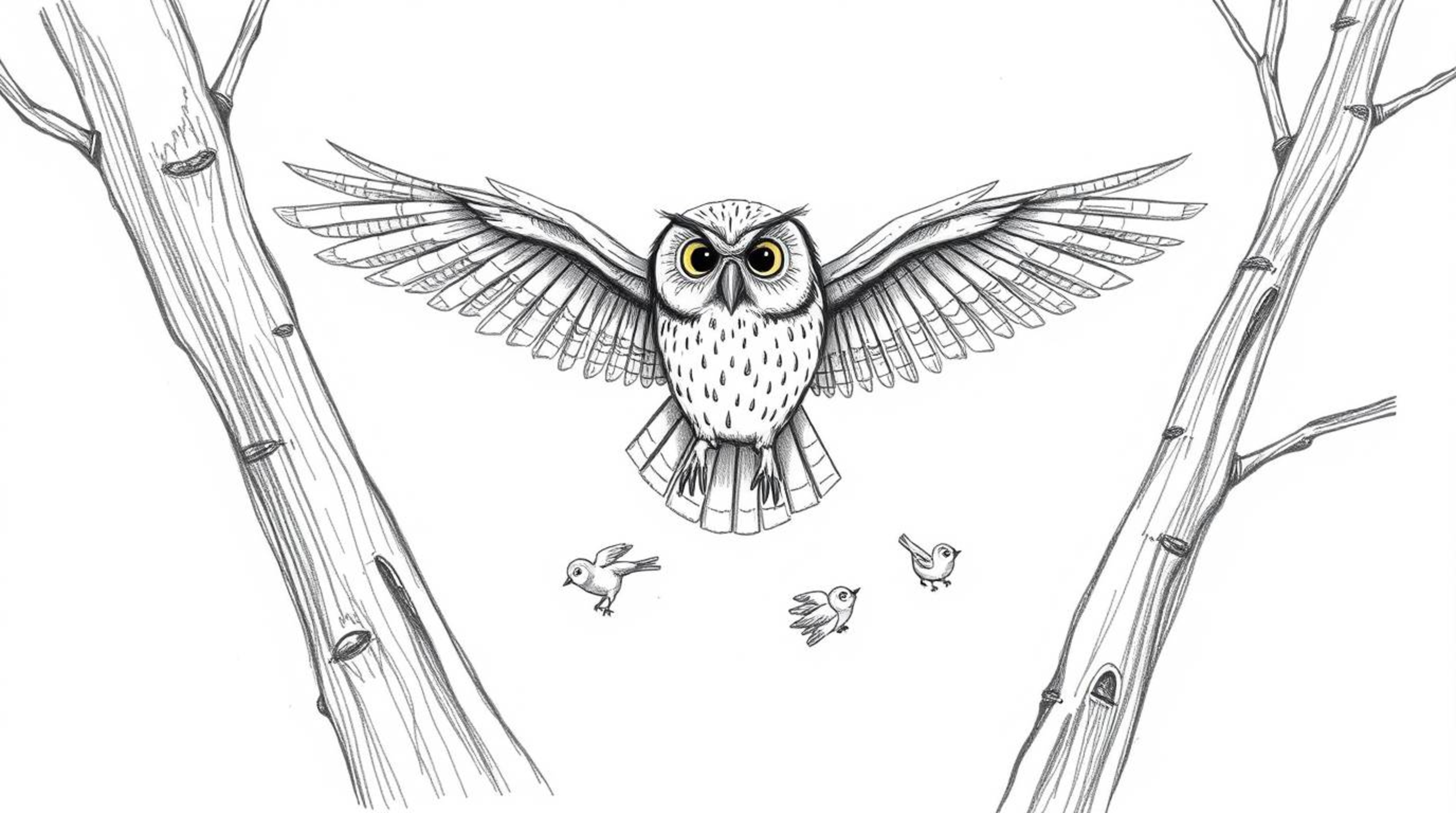 A captivating hand-drawn sketch in the style of Pixar, depicting a wise blind owl gliding majestically through trees.  Its de
