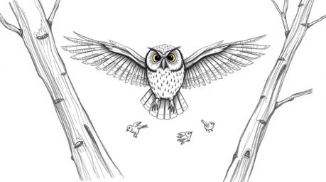 A captivating hand-drawn sketch in the style of Pixar, depicting a wise blind owl gliding majestically through trees.  Its de