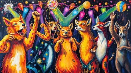 A captivating acrylic painting depicts an energetic animal dance party bathed in dazzling disco lights.  The artwork bursts w